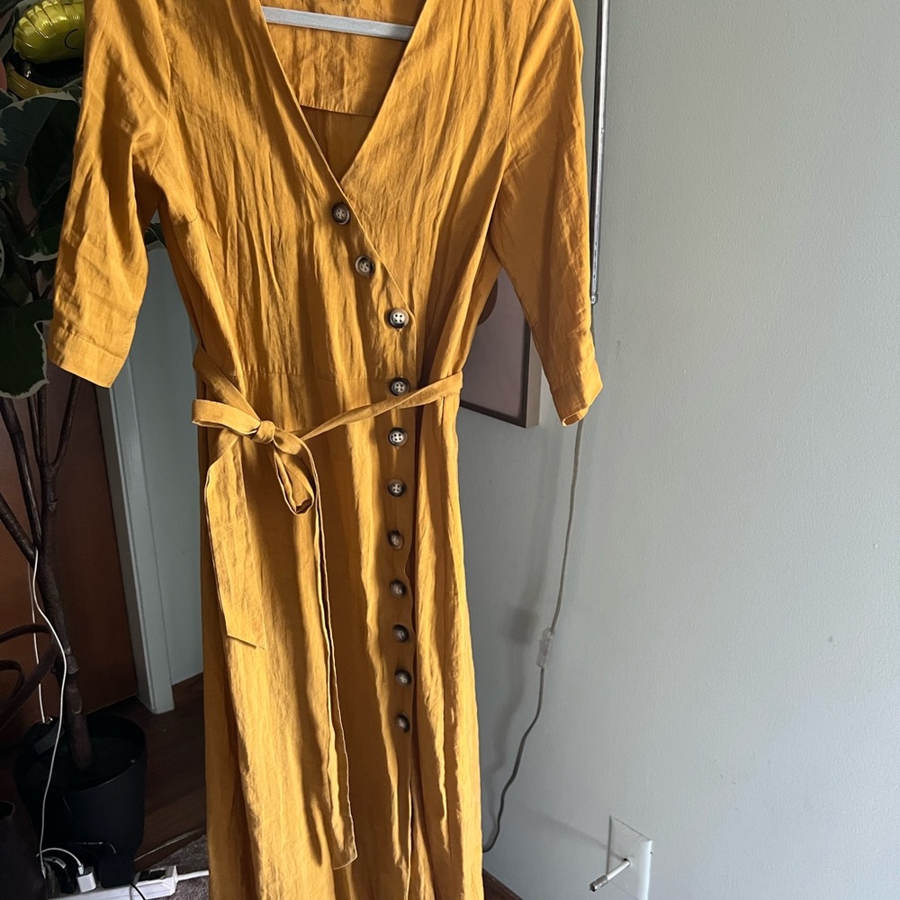 Zara Mustard Wrap & Tie Button-Down Dress